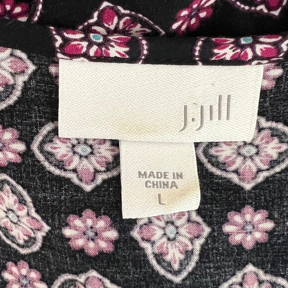 J Jill Womens Floral Blouse Size Large Black Burgundy Button Ties at Neck Boho - Picture 5 of 7